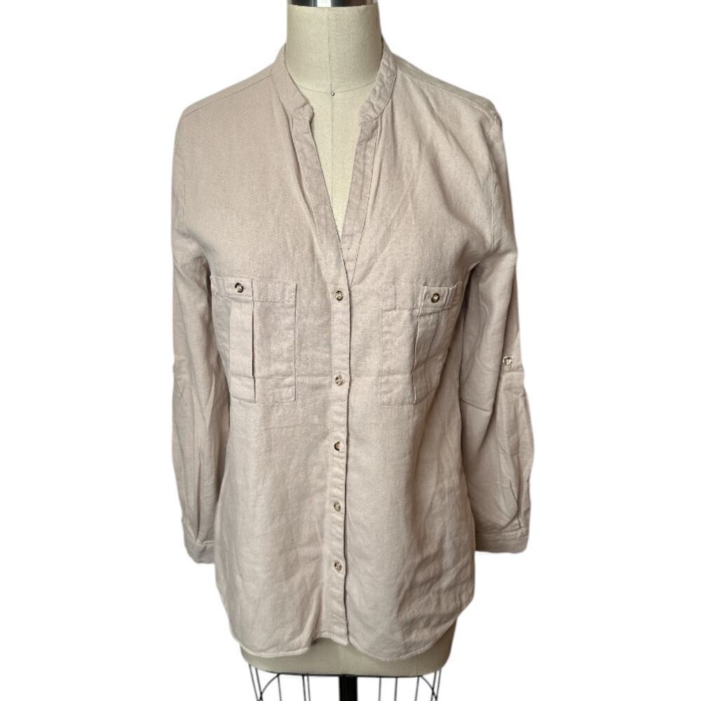 Zara Beige V-Neck Button Up Shirt Blouse Women's Size M